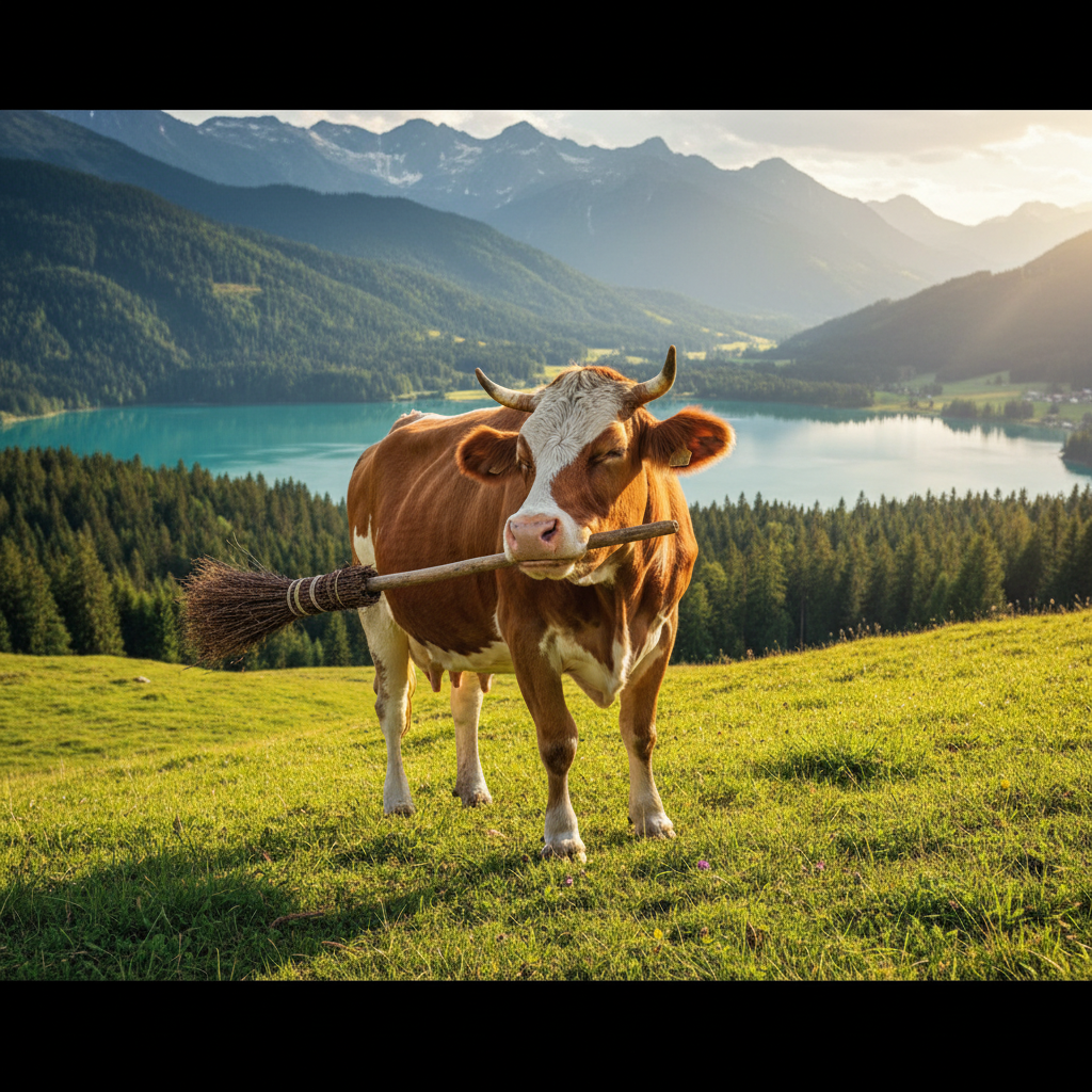 Cow Veronika in Austria uses a broom to scratch her back